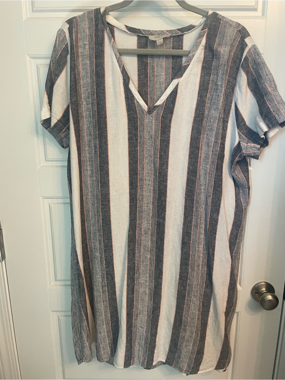 LOFT V-Neck Relaxed Shift Dress in Neutral striped pattern